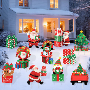 Christmas Decorations Outdoor Yard Signs - 11 PCS Christmas Santa Claus Tree Snowman Yard Signs Decor Cheerful