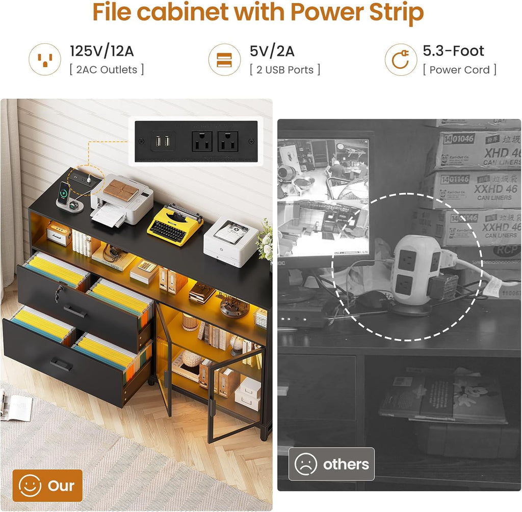 59" Filing Cabinet with Lock Drawers fits Legal Size | Black Lateral 2 Drawers File Cabinet with Acrylic Display