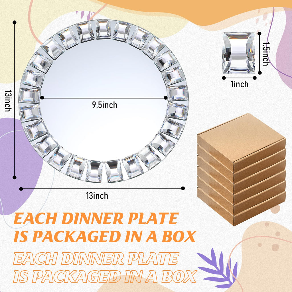 6 Pcs Silver Mirrored Glass Charger Plates, Square Diamond Rim