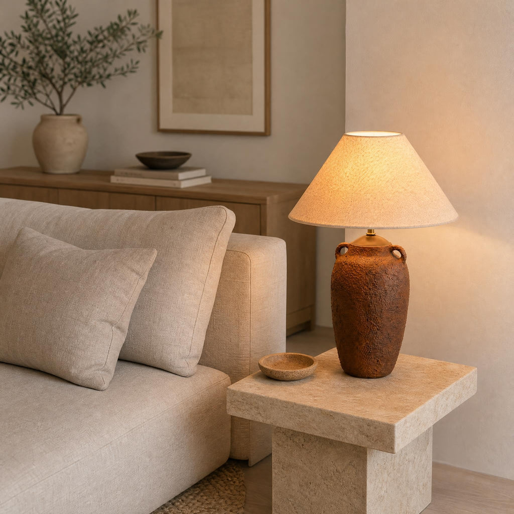 Textured Ceramic Table Lamp with Linen Shade, Rustic Bedside Lamp, Brown