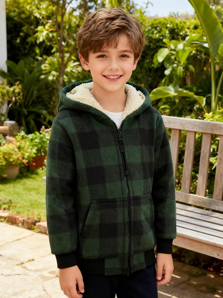 Boys Fleece Jacket with Hood Unisex Child Sherpa Lined Zip Up Warm Coat Hooded Sweatshirt Outerwear