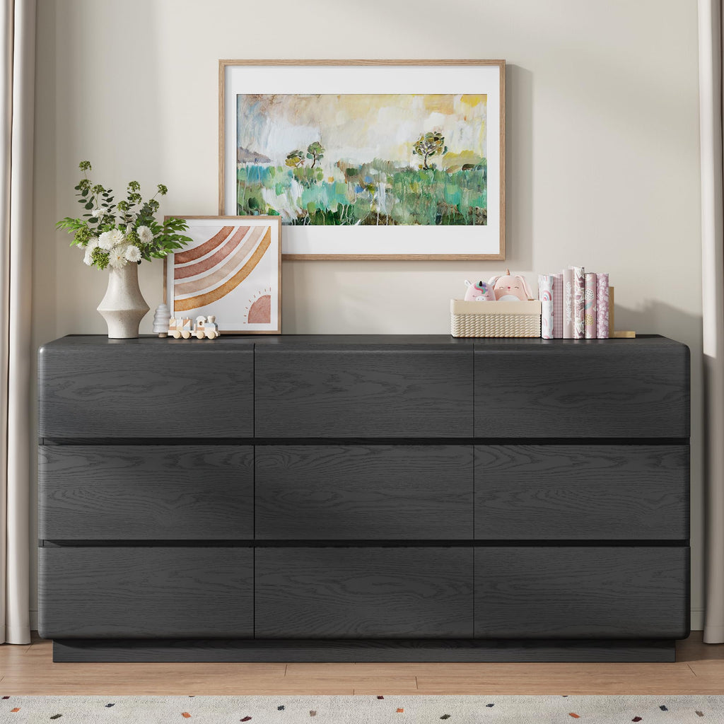 Black 9 Drawer Dresser, 63" Wide Chest of Drawers