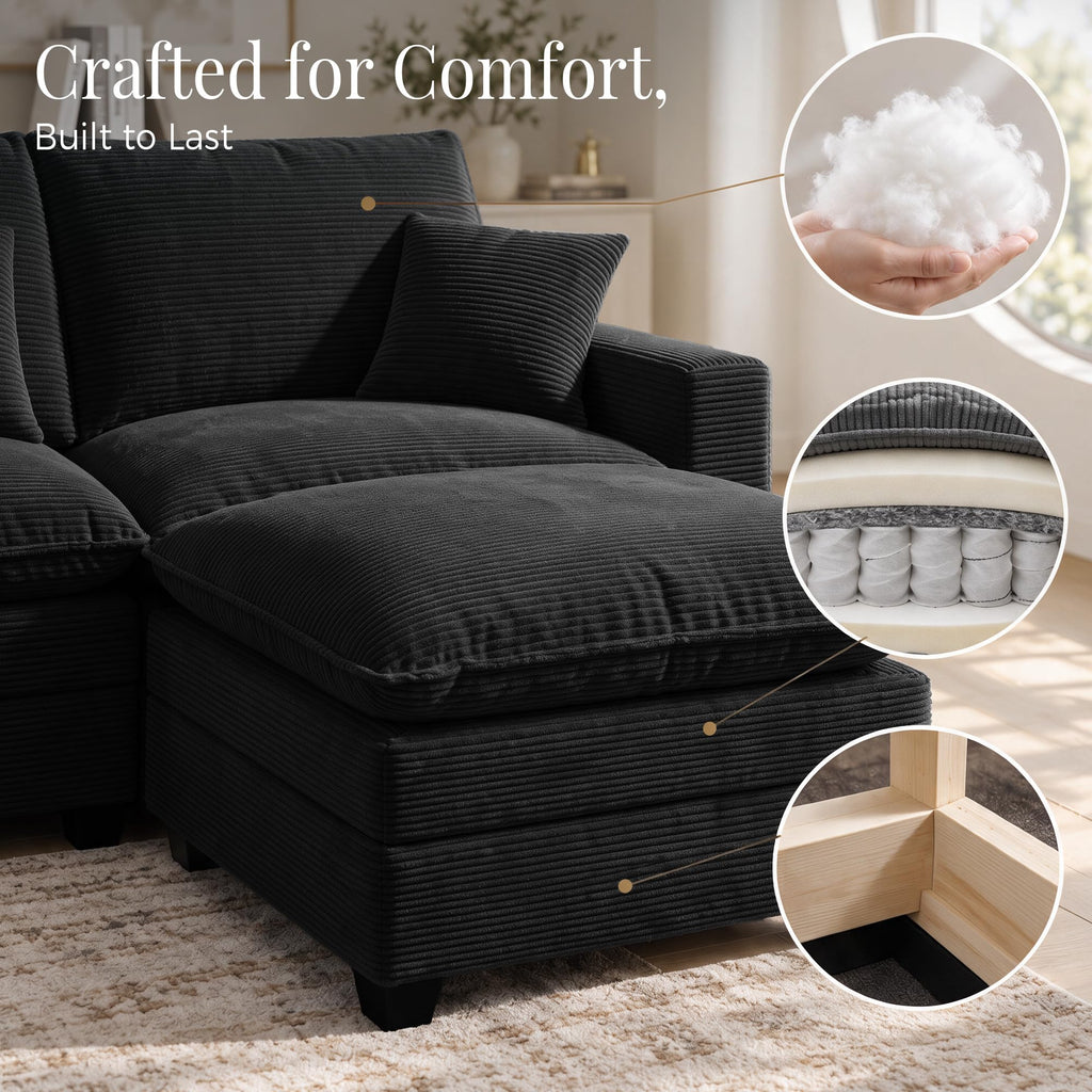 108 Inch Cloud Couch Sectional, Modular Sectional Sofa with Ottoman, Black