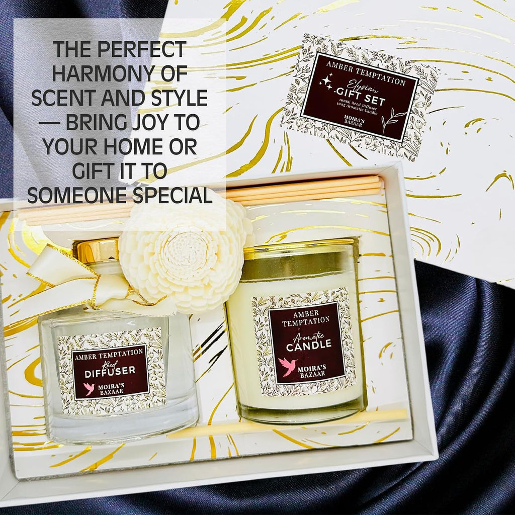 Elysian Essence Aromatherapy Gift Set - Luxury Candle and Flower Reed Diffuser - Perfect Scented Gift - Set of 2