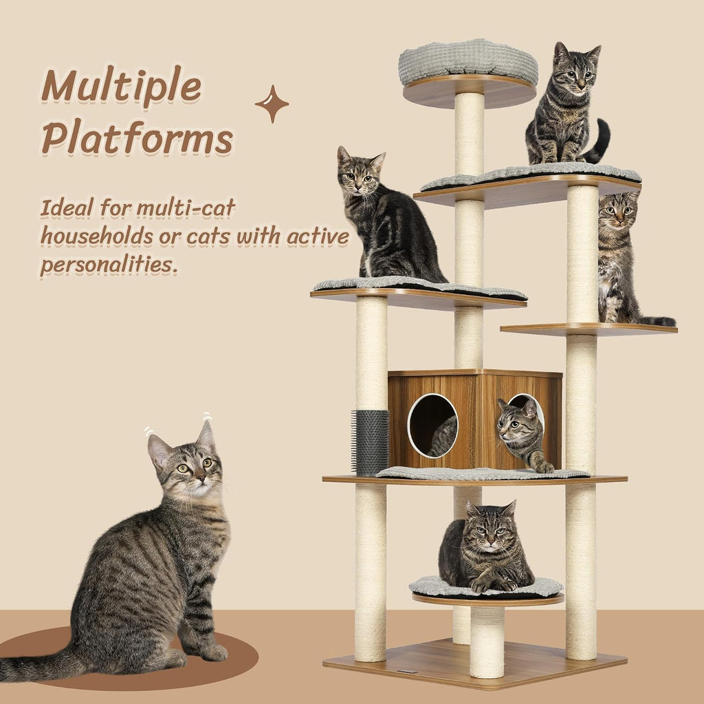 Solid Wood Cat Tree, 69" Large Tall Cat Tower Multi-Level Platforms with Sisal Scratching Posts, Cat Tree for Large
