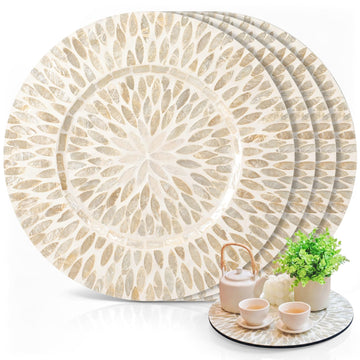 4 Pack Mother of Pearl Charger Plates 13 Inch, Gold, Leaf