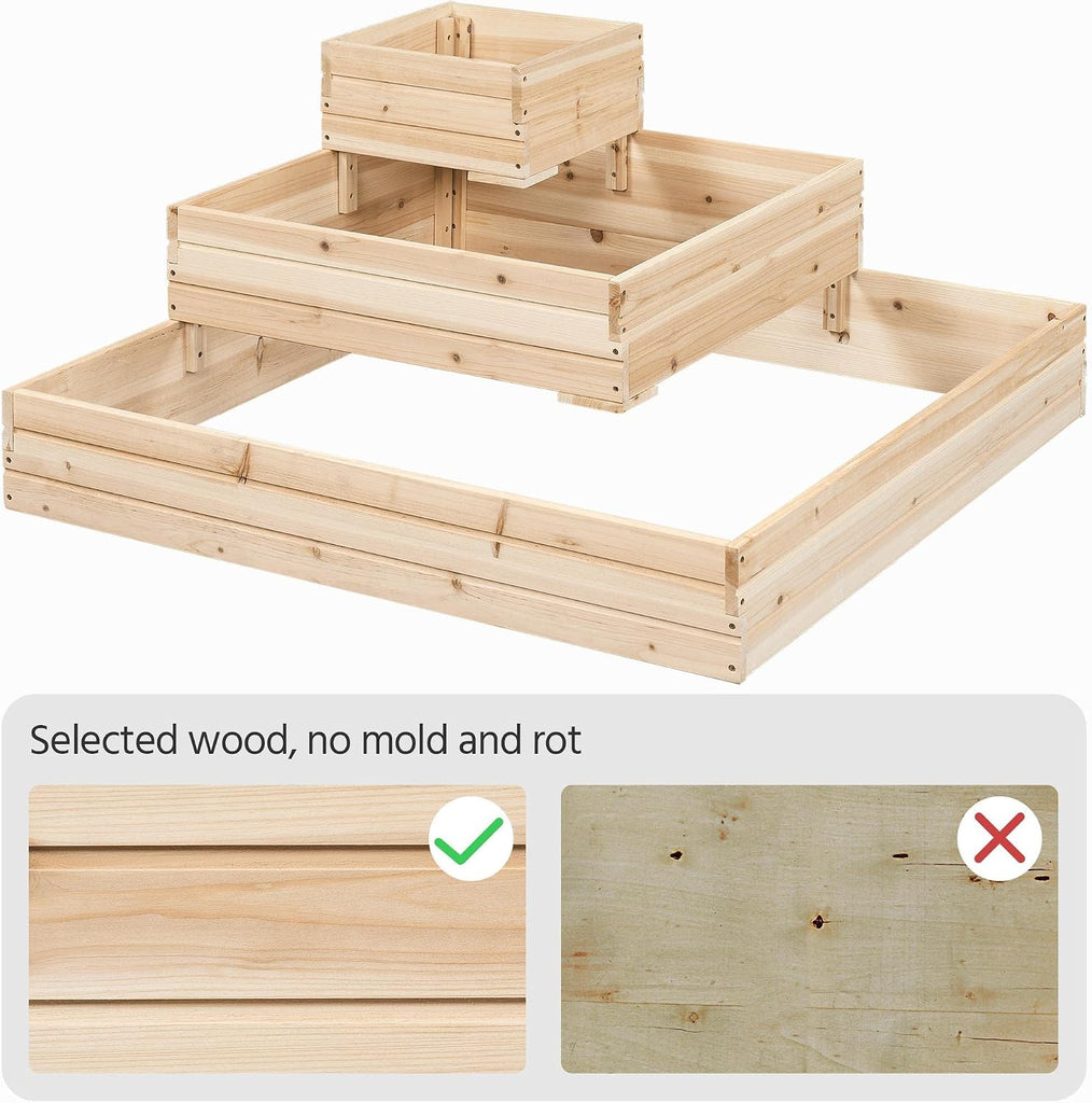 3 Tier Wooden Raised Garden Bed Open-Bottom Planter Box, 1Pcs | 3-tier planter saves space, open-bottom for deep