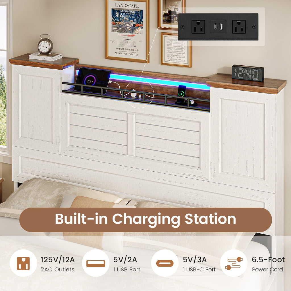 Bed Frame with Headboard and Storage Cabinets, Farmhouse Bed Frame with Charging Station and LED