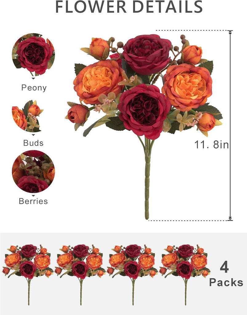 4-Bunch Burgundy and Orange Artificial Peony Bouquet for Fall Decor - Set of 4