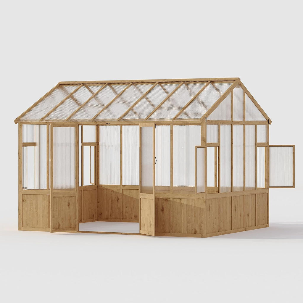 8X12 FT Wooden Greenhouse for Outdoor - Heavy Duty Walk-in Green House Kit with 6mm Polycarbonate, Lockable Door &