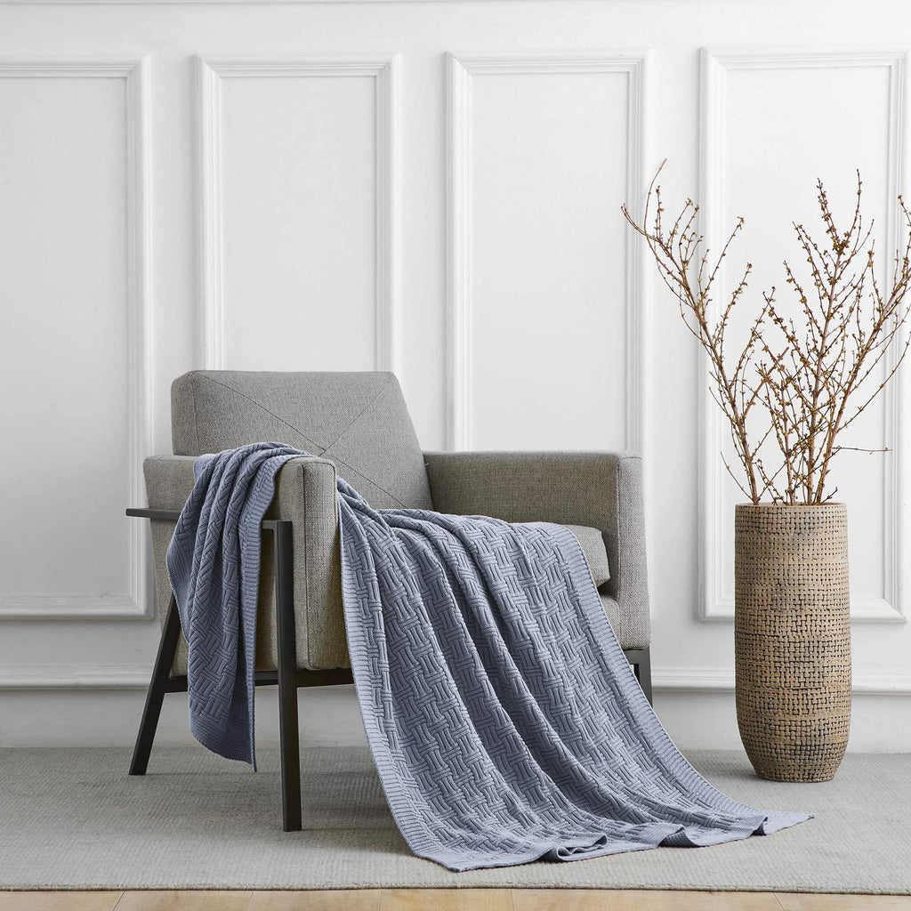 Large Grey Blue Cotton Knit Throw Blanket for Couch Sofa Bed - Home Decorative Soft Cozy Sweater Woven Fall Cable