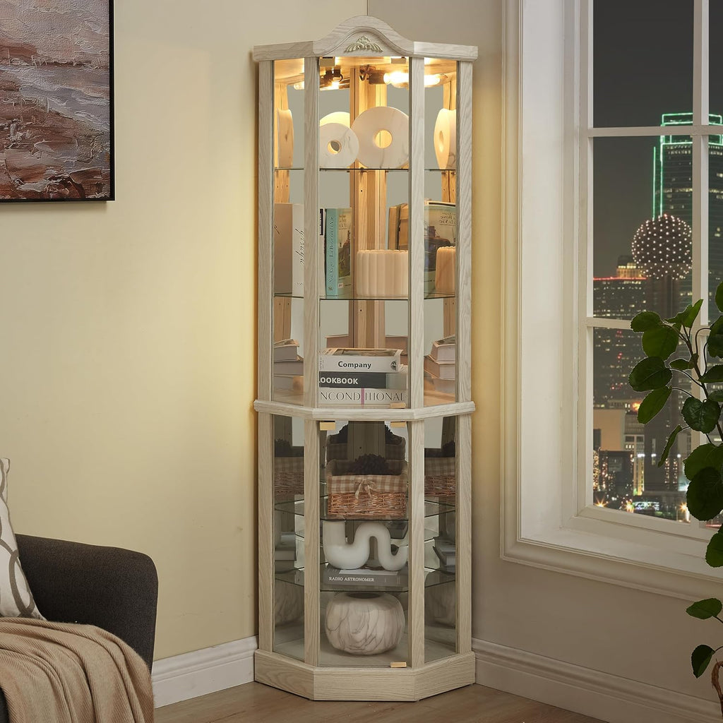 72" Corner Glass Display Cabinet with Adjustable Shelves, for Collectibles, Storage Curio Cabinet with Arched Floral