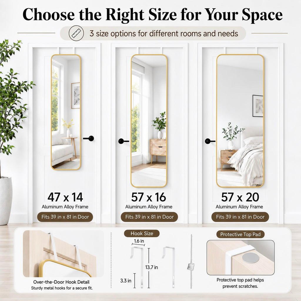 47x14 Full Length Mirror Over the Door Hang or Wall Mounted Gold