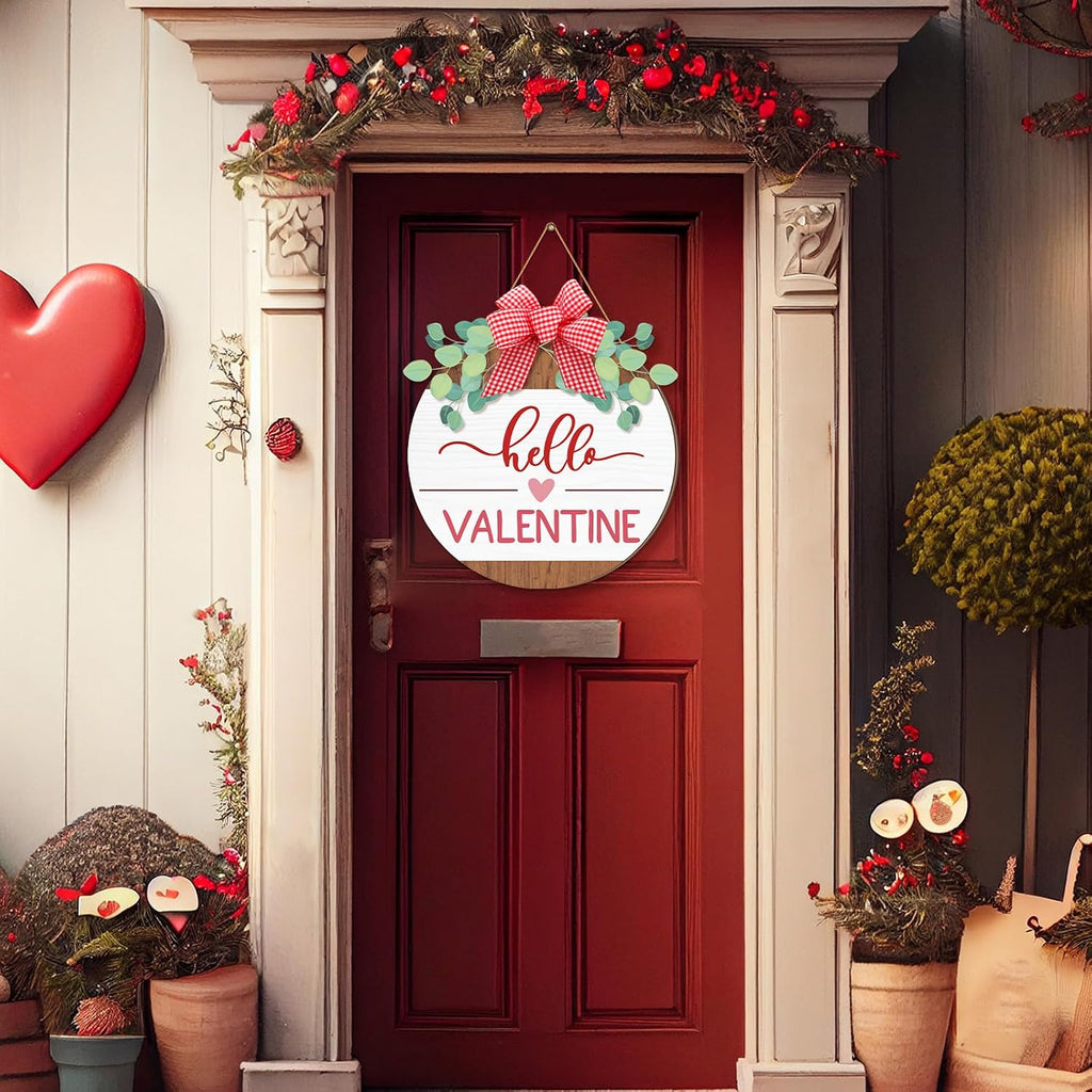 Hello Valentine's Day Sign for Front Door 12 Inches Wood Red Pink Round with Bow Valentine's Day Door Wreath Hanger