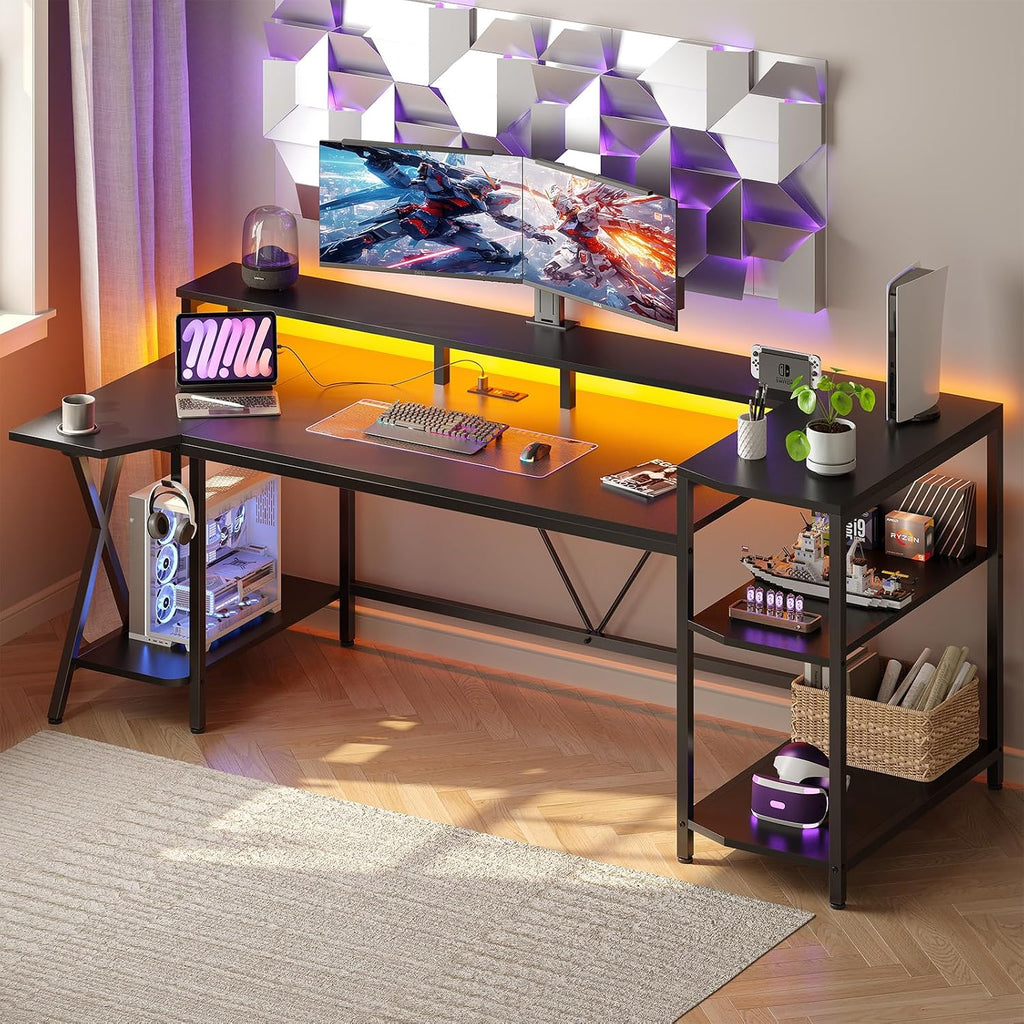 Gaming Desk 70.8'' with LED Lights, Storage Shelves,Power Outlets | Computer Desk with Monitor Stand and Cup Holder