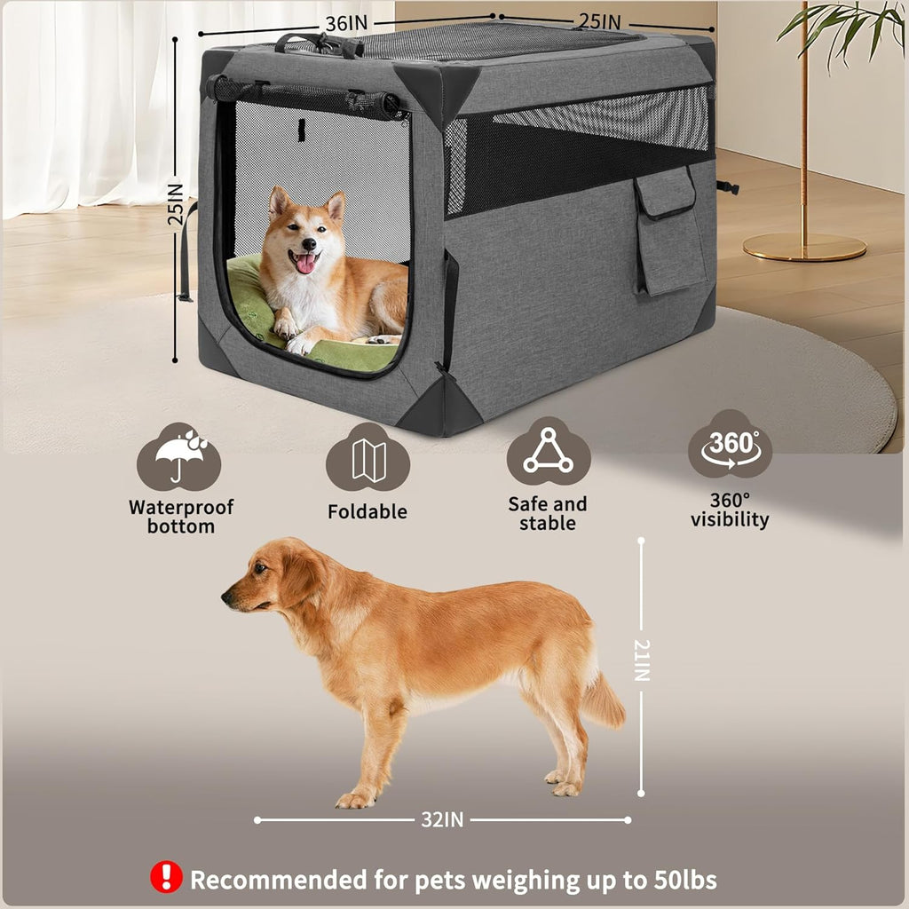 Dog Crates - 36 Inch Collapsible Soft Dog Crate, 3-Door Foldable Soft Kennel for Large Dogs