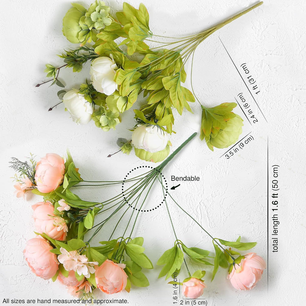 Artificial Peony Bouquet - Faux Silk Flowers Stems - Ready-to-Style Bouquets for Weddings, Home Decor - Set of 2