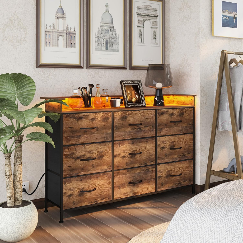 Industrial Dresser with Charging Station and LED Light Fabric Storage Dresser with 9 Fabric Drawers Chest of Drawers
