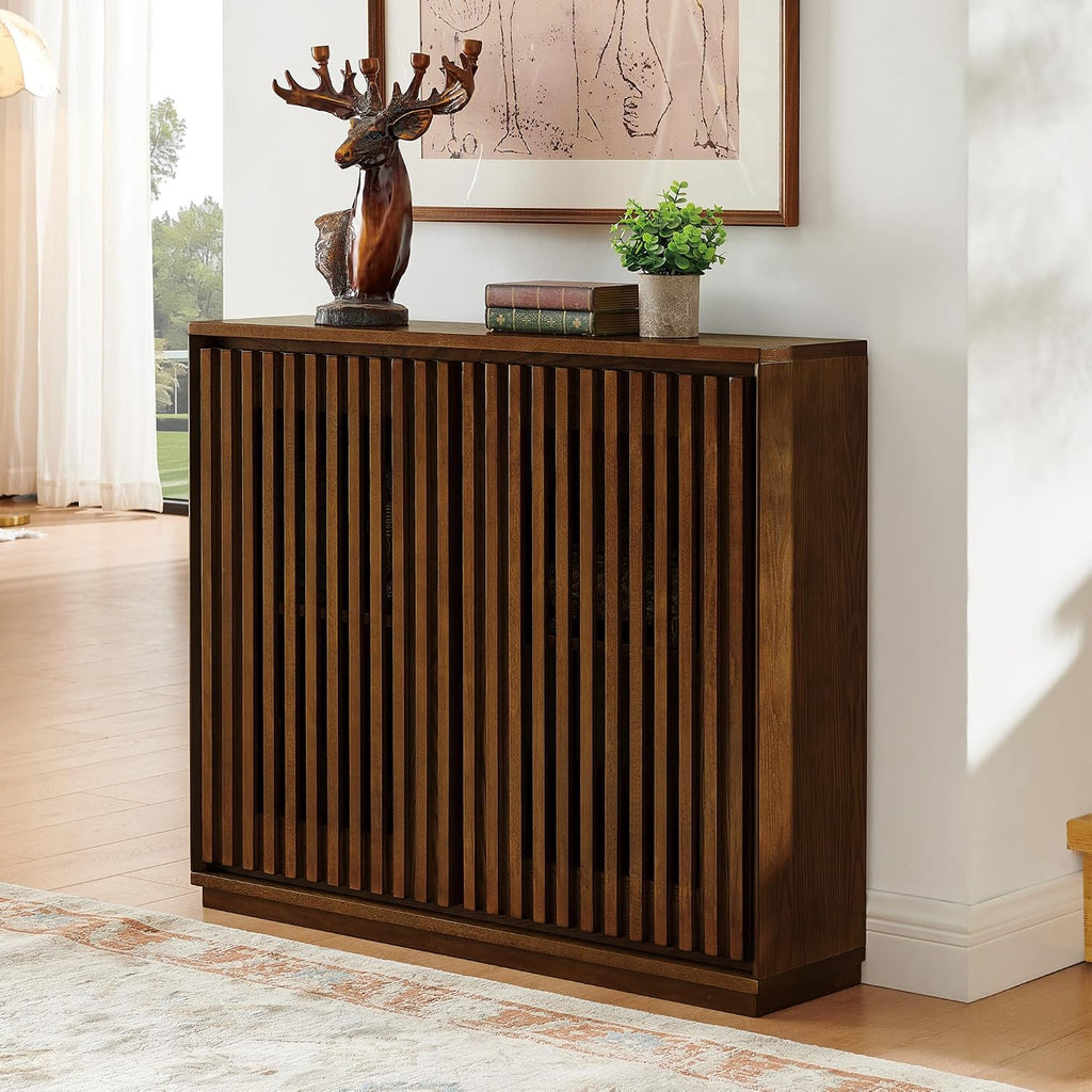39" Walnut Narrow Sideboard Buffet Storage Cabinet | Walnut Wood Small Sideboard Storage Cabinet,Mid Century Modern