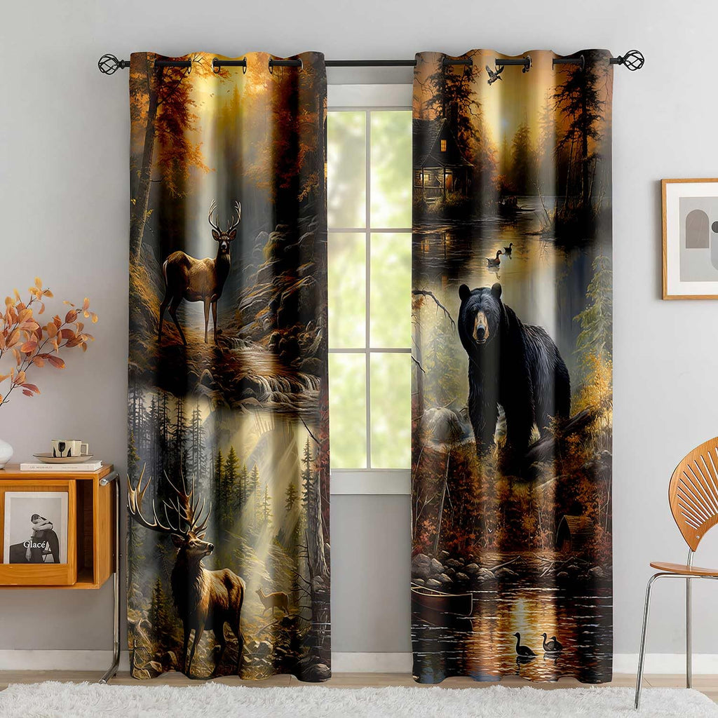 Rustic Cabin Blackout Curtains, Deer Moose Black Bear Curtains, Forest Animal Wildlife Mallard Duck Country