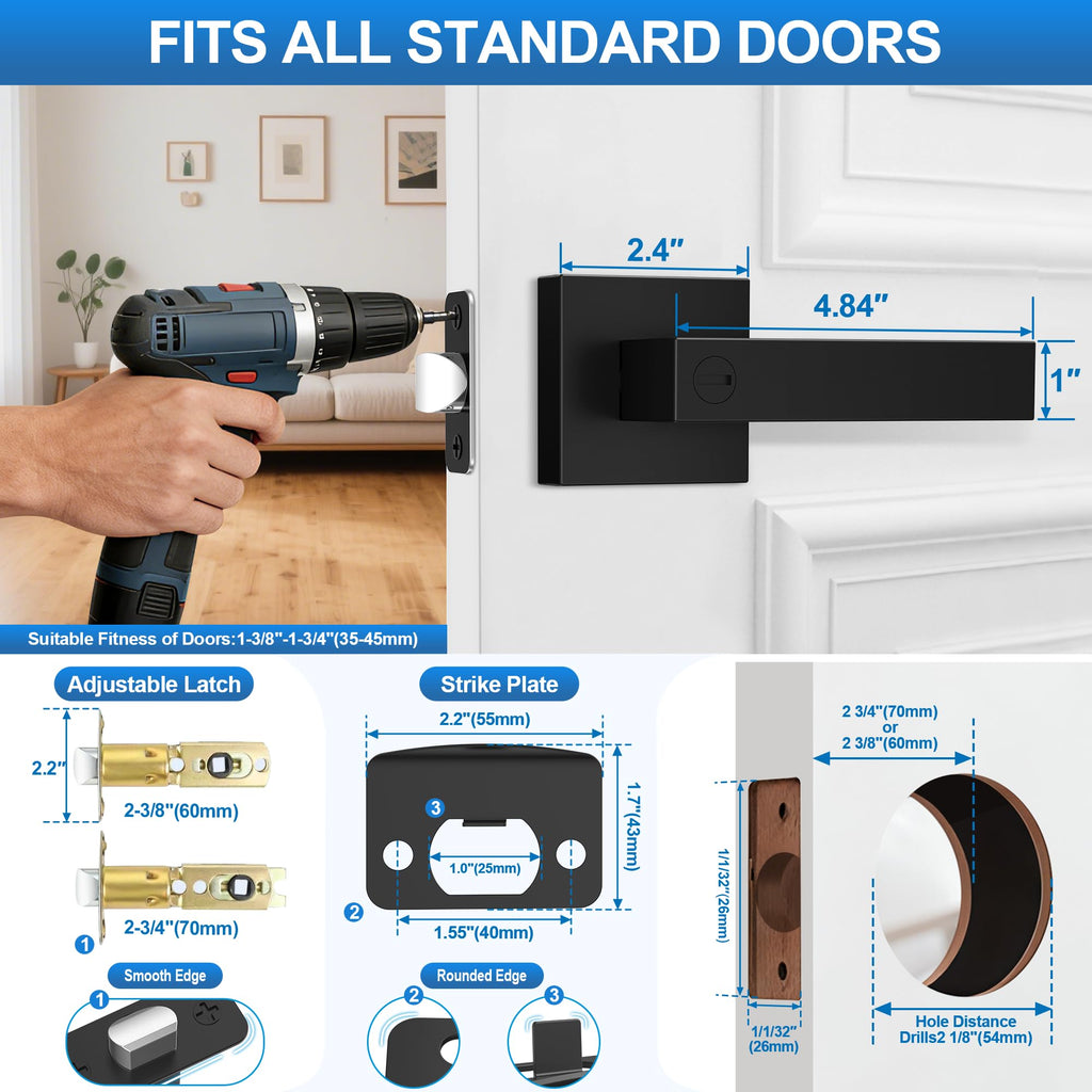 1 Pack Matte Black Door Handles, Keyless Interior Door Knobs, Privacy Door Lever Locksets Bathroom, Heavy Duty Square