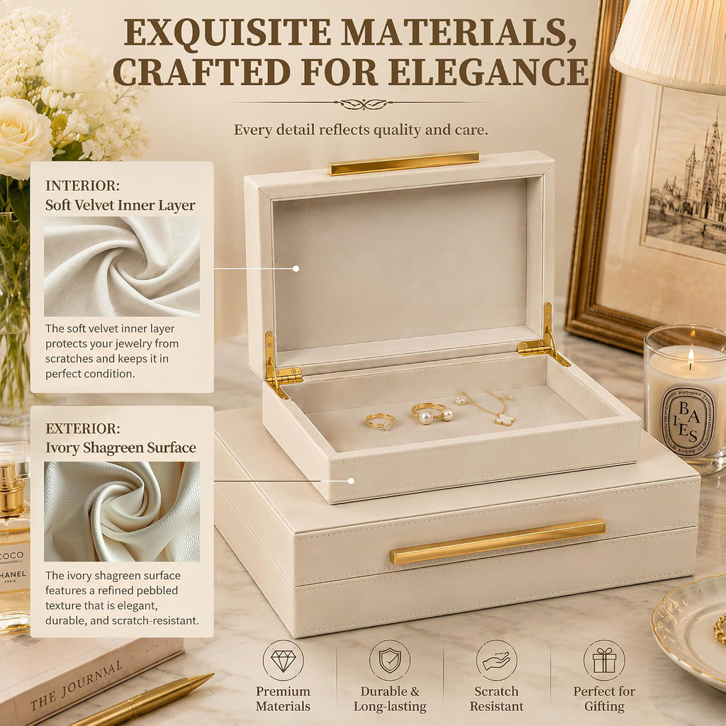 Shagreen Decorative Box, Modern Faux Leather Beige Decorative Storage Boxes with Lids and Metal Handles - Set of 2