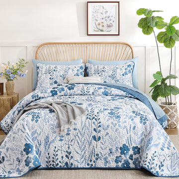 Floral Quilt Set, 3 Pcs Navy Blue Bedspread Bedding Set