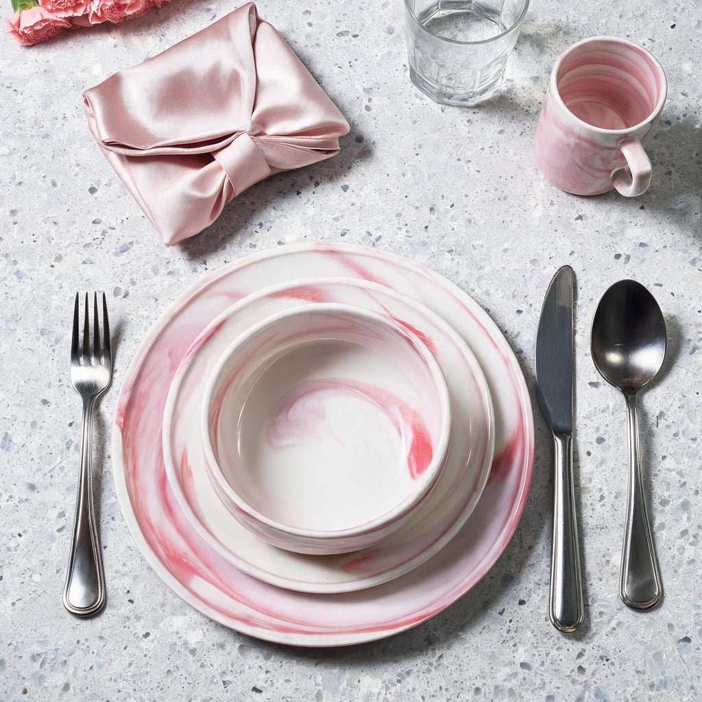 16pc Fine China Dinnerware Set for 4, Artisan Marbled Pink