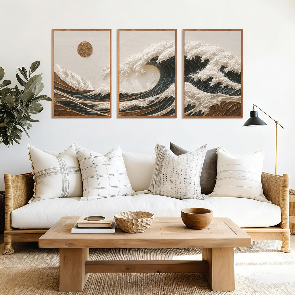 Great Wave Sunset Framed Canvas Wall Art, Abstract Sun Seascape Art Decor Set of 3(24"x36") Modern Ocean Beach Art