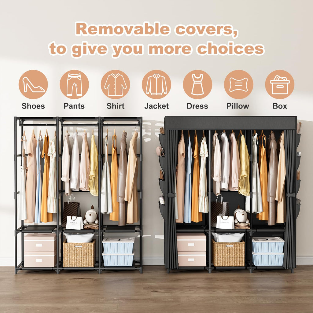Wardrobe Closet Portable Closets for Hanging Clothes Large Capacity Clothes Rack with Cover, 3 Hanging Rods, 6