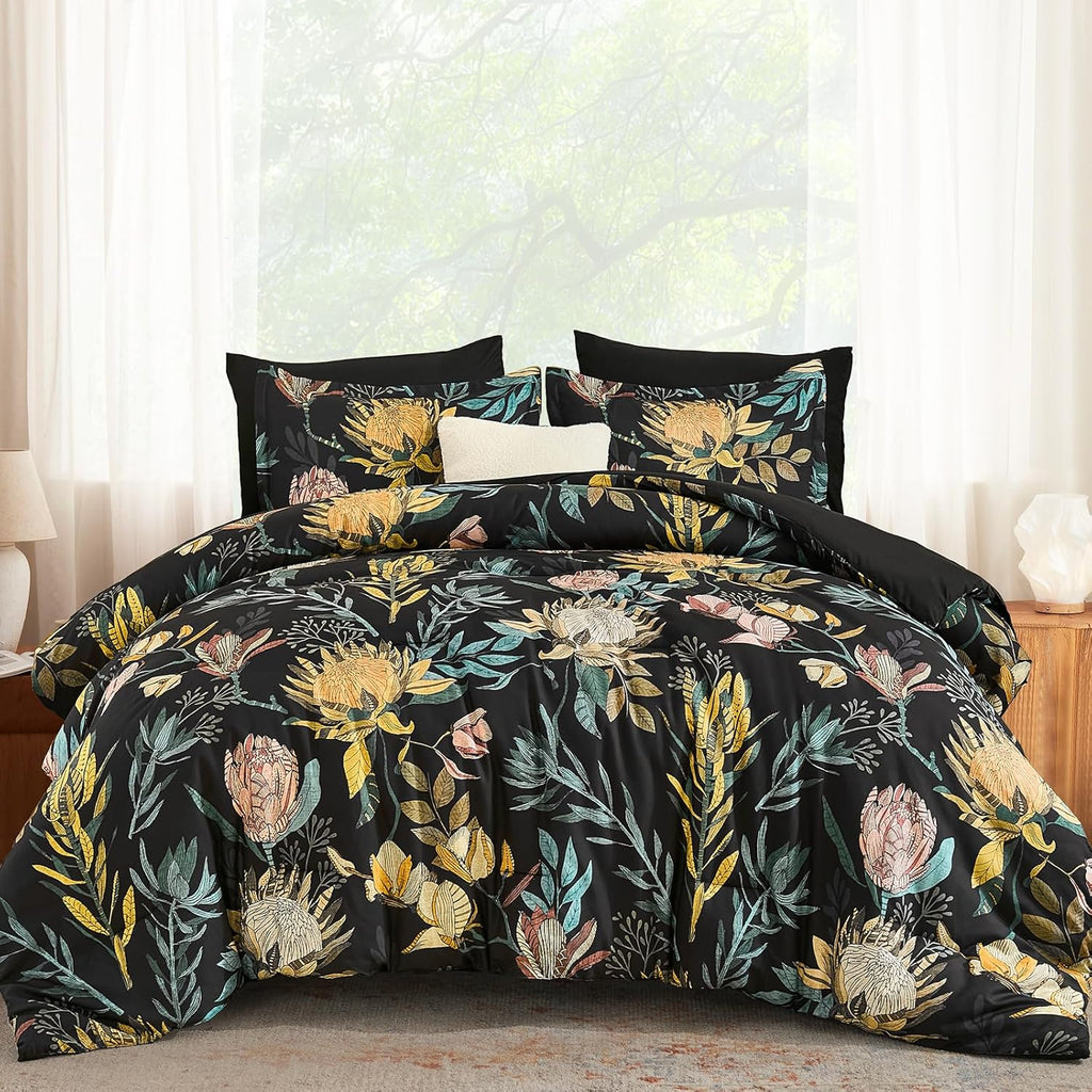 Luxudecor Queen Comforter Set 7 Pieces Bedding Sets, Black Floral Comforter and Sheet Set