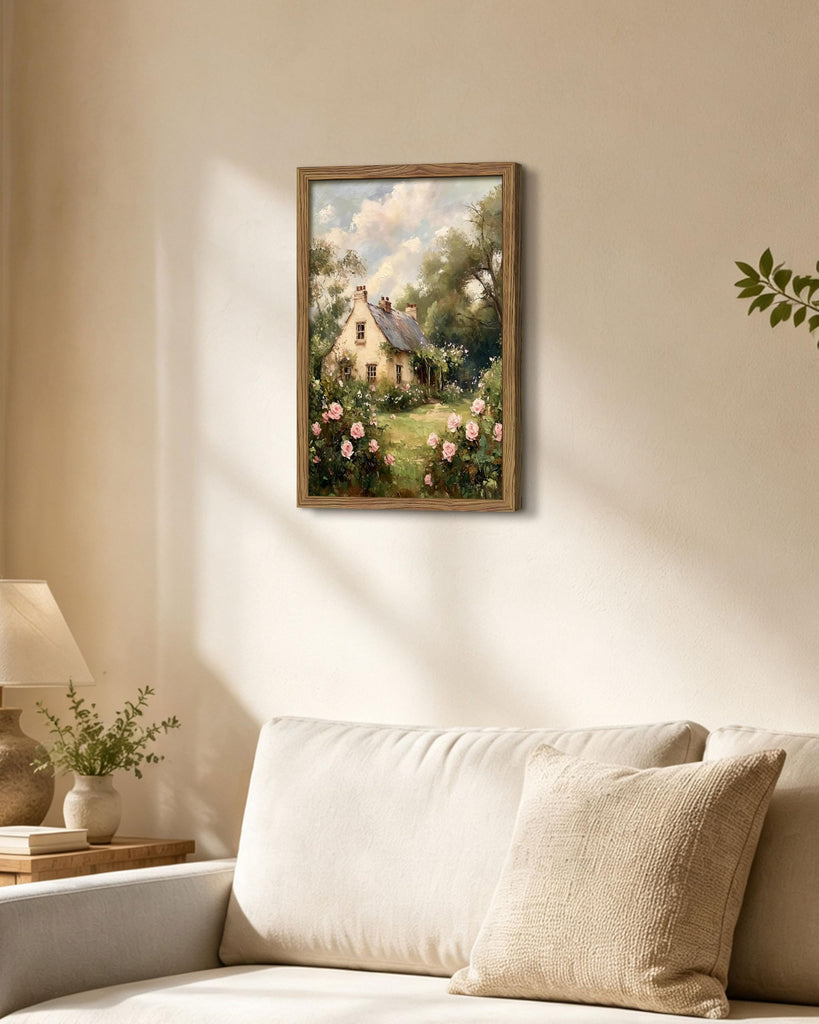 English Cottage Framed Canvas Wall Art, Vintage Garden Cottage Painting Print Picture, Cottagecore Farmhouse