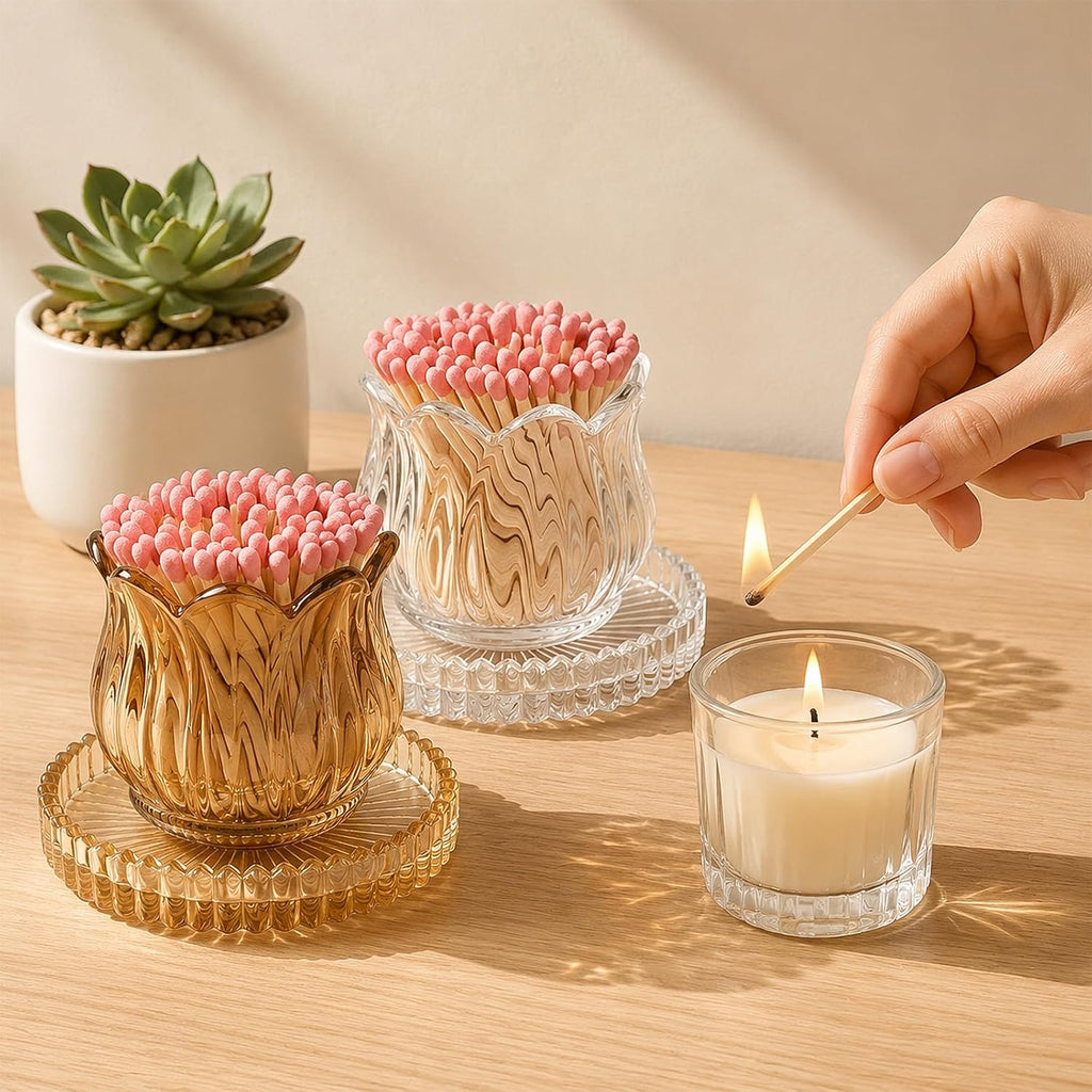 Glass Match Holder with Striker, Lily Shape Match Jar,Clear:Lily:1