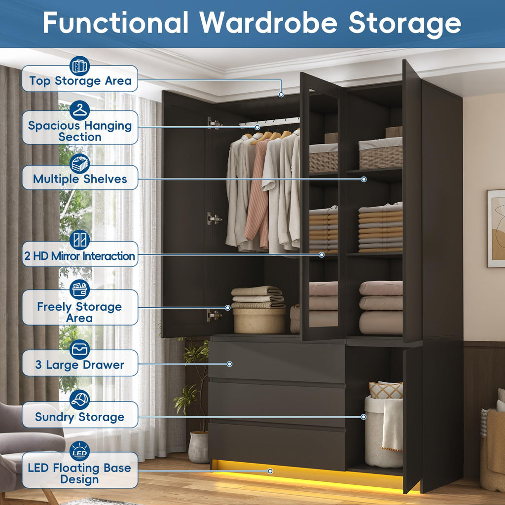 75" Tall Modern Wardrobe Closet with 2 Mirrors, LED Lights, 47"W Armoire Wardrobe Cabinet with 3 Drawers, Hanging