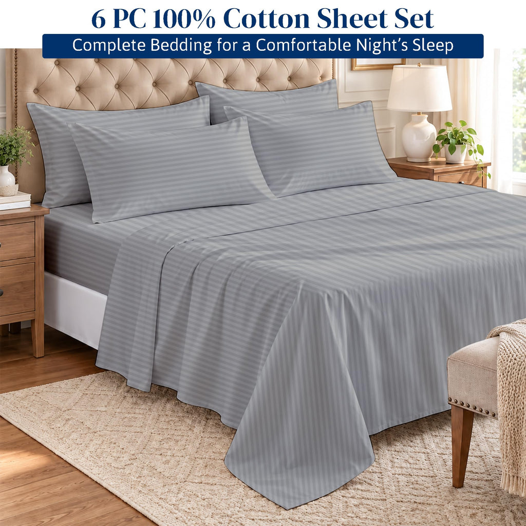 Queen [21"] Bed Linen Set, 600 Thread Count Egyptian Cotton, 6 Piece Striped Sheet Set, Light Grey Stripe, Deep