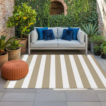 Outdoor Rug, Modern Minimalist Stripe Art Waterproof Outside Area Rug, Khaki and White Line Non Slip Deck