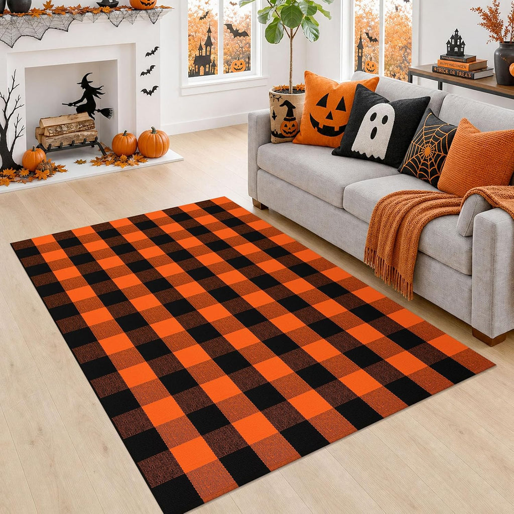 Buffalo Plaid Rug Woven Holloween Orange and Black Rug