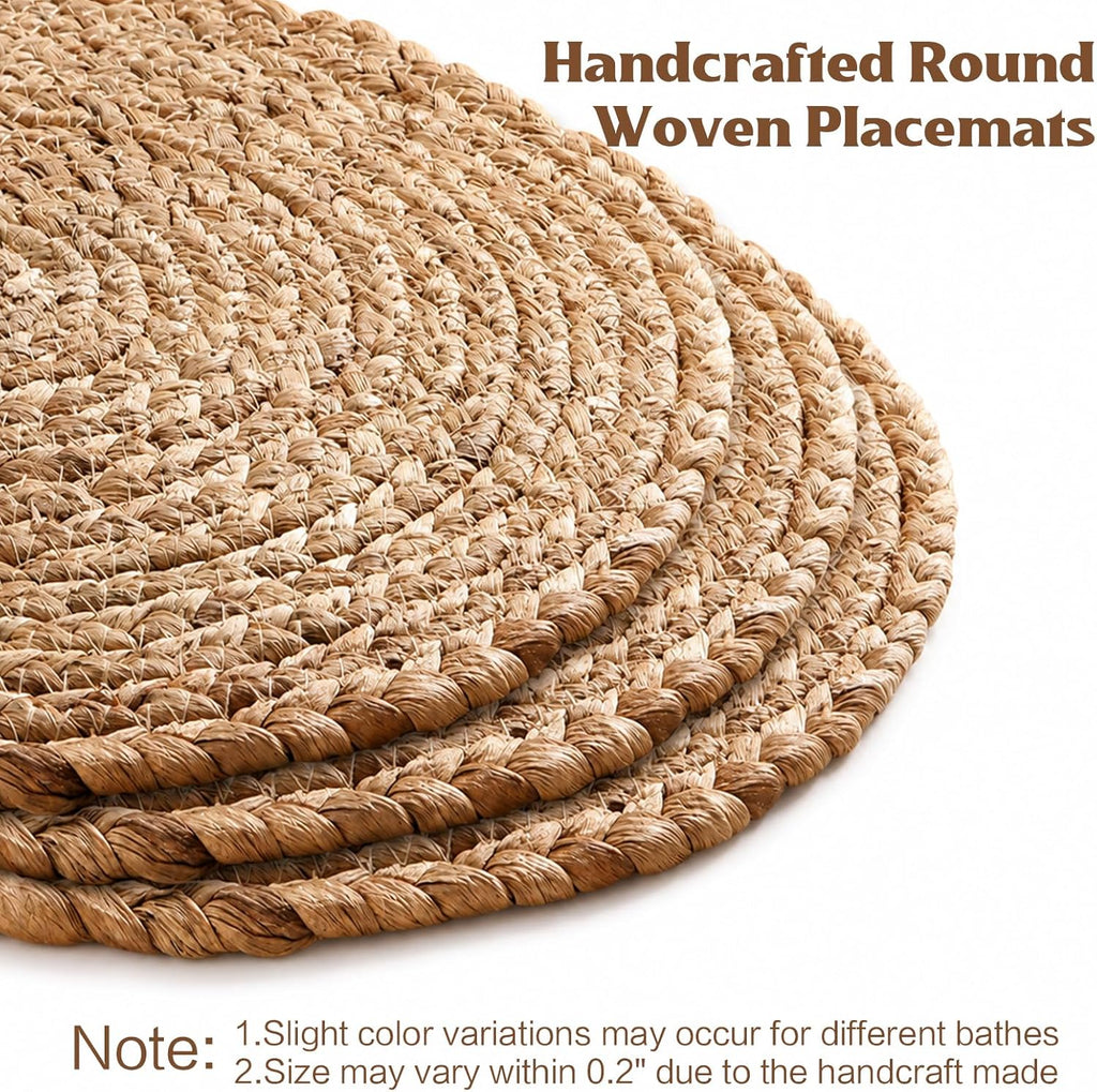 12 inch Round Woven Placemats, Boho Rattan Place Mats, Natural Water Hyacinth Table Placemats, Farmhouse - Set of 6