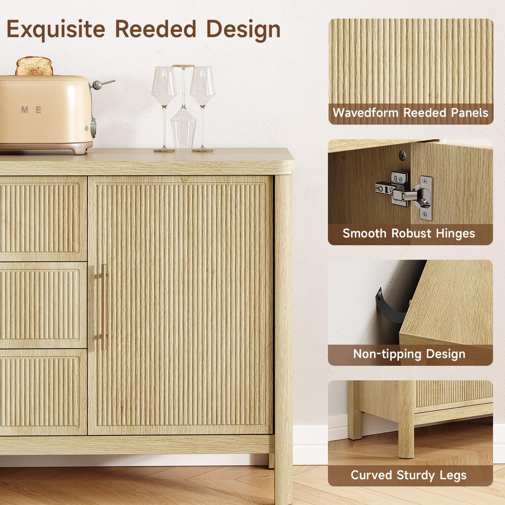55" Sideboard Buffet Cabinet with Storage and 3 Drawers, Oak