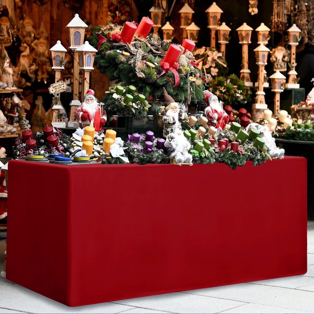 Open Back Fitted Red Tablecloths for 8ft Rectangle Tables, Christmas 2 Pcs