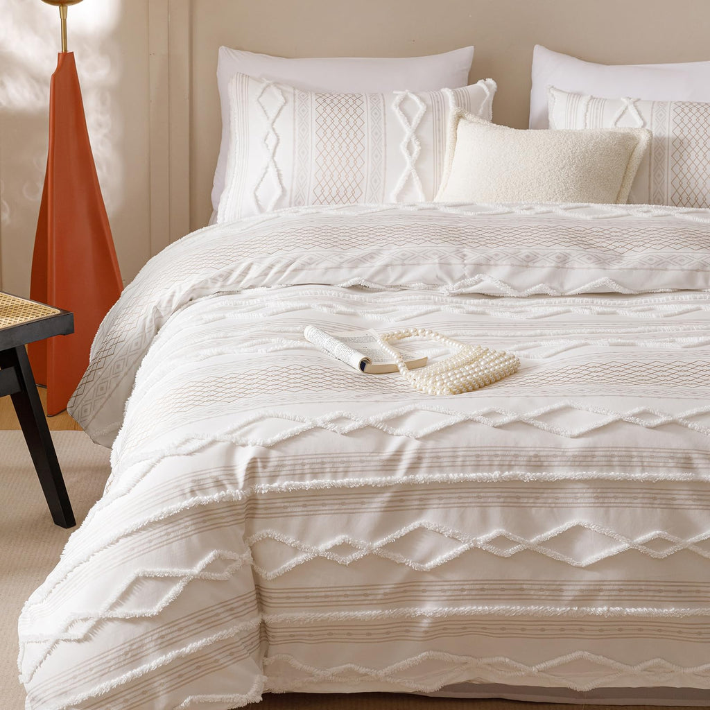 Ivory Boho Comforter Set Full Mixed Textures Jacquard Bedding Set Durable Chic and Stylish Bedroom Set