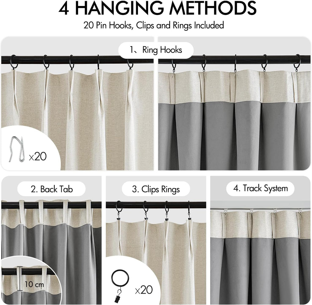 Linen Pinch Pleated 100% Blackout Curtains for Bedroom 84 Inch Long 2 Panels Set - Back Tab Track Cream Black Out