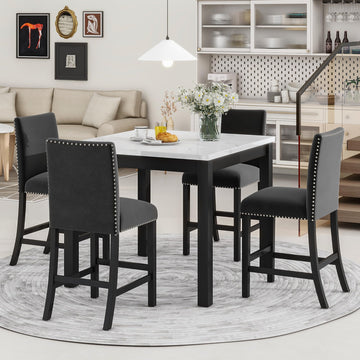 Dining Table Set for 4, Counter Height Kitchen Table with Faux Marble Dining Table and 4 Upholstered-Seat Chairs, 5