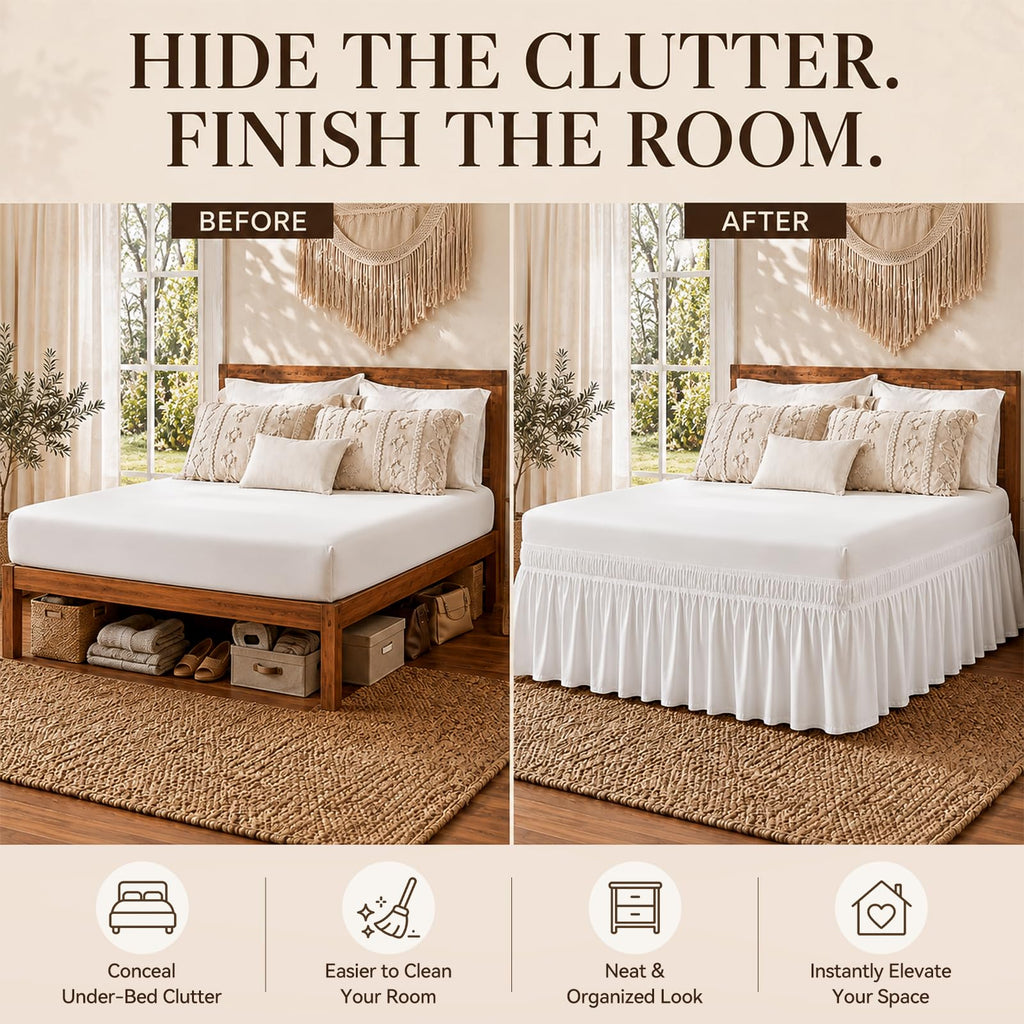 White Queen Bed Skirt 16 Inch Drop, Elastic Wrap Dust Ruffle