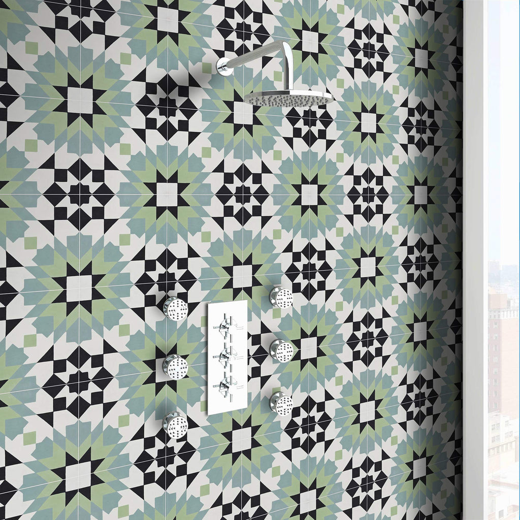 Reno CTP93-02 Handmade 8x8-in Moroccan Tile in Green, Blue, Black