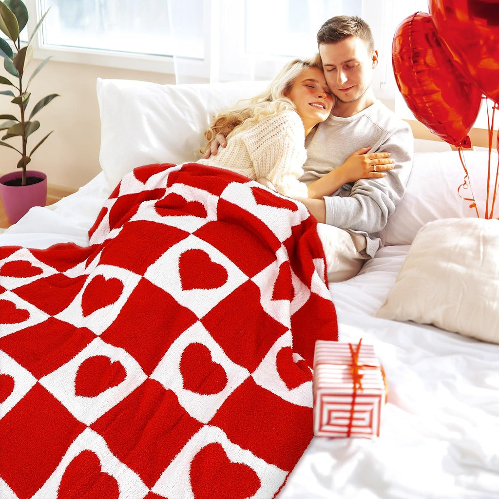 Valentine's Day Knit Throw Blanket 50 x 60 Inch Reversible Pink Red White Checkered Love Heart Plush Flannel Blankets