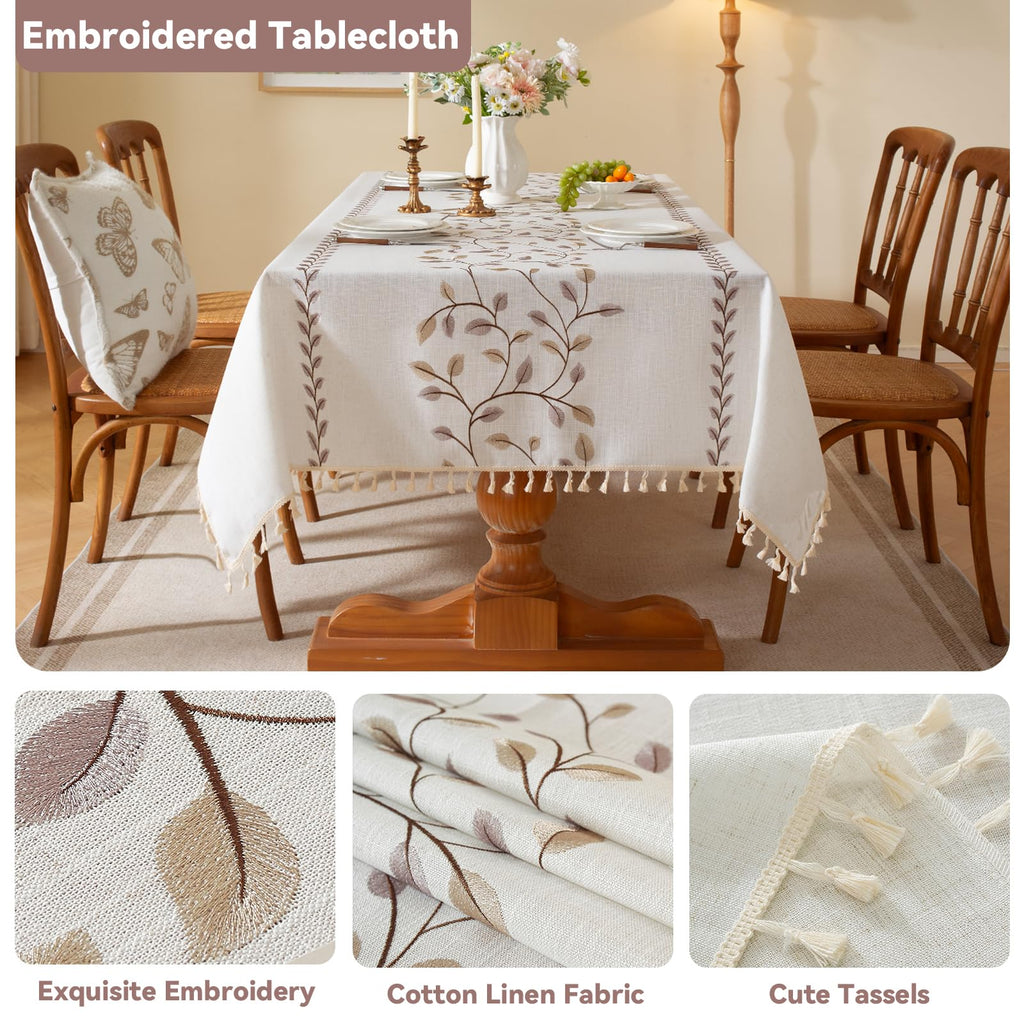 Fall Coffee Leaf Embroidered Rectangle Tablecloth Tassels 55"×120"