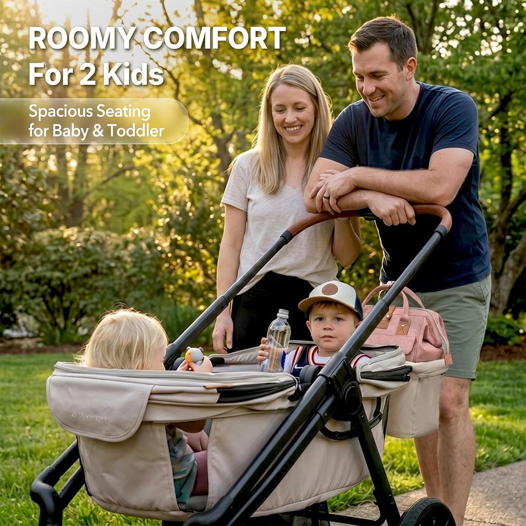 Lightweight Wagon Stroller for 2 Kids, Foldable All-Terrain, Khaki