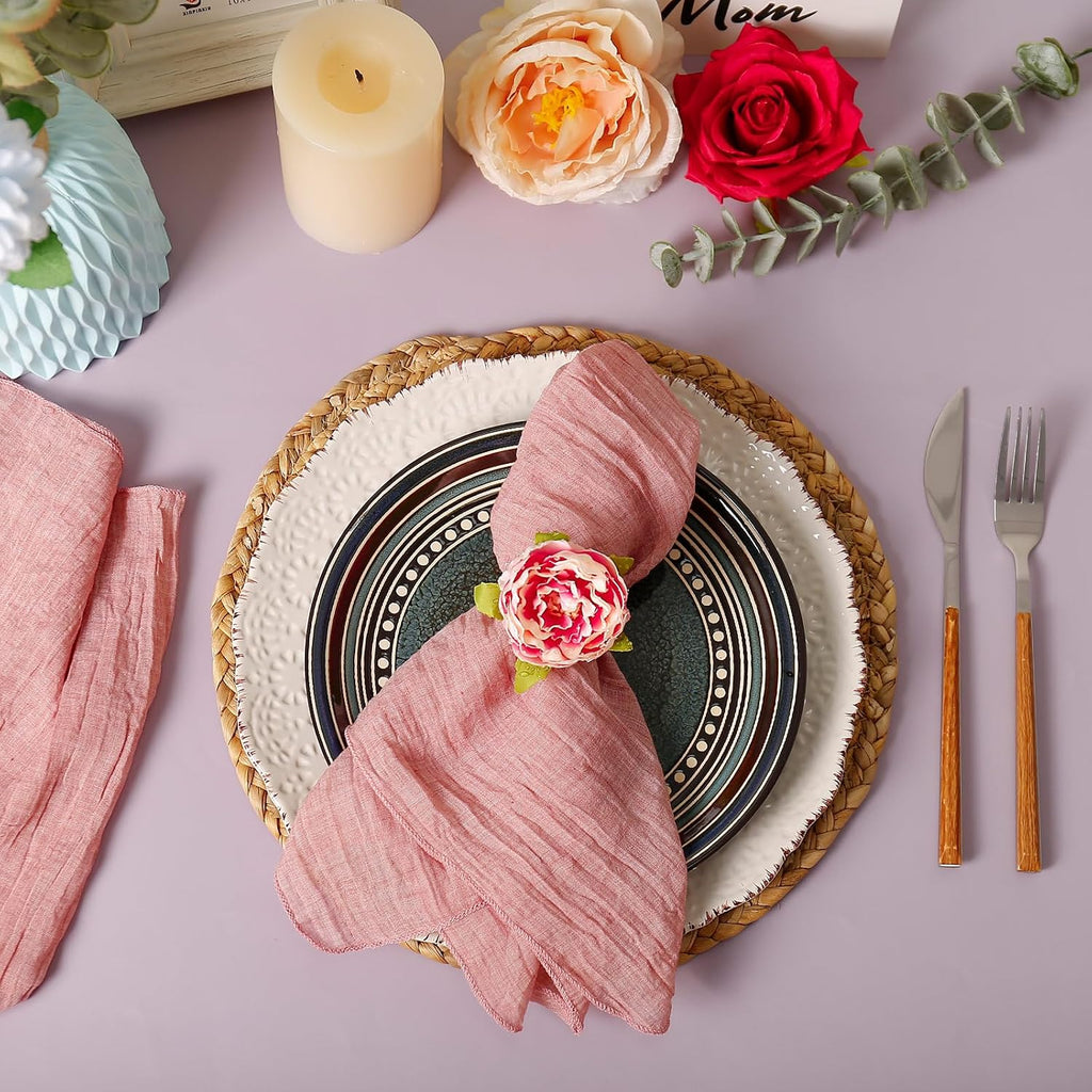 Farmhouse Flower Napkin Rings, Faux Pink Rose Napkin Ring Serviette Holder for Spring Holiday, Mothers Day - Set of 12