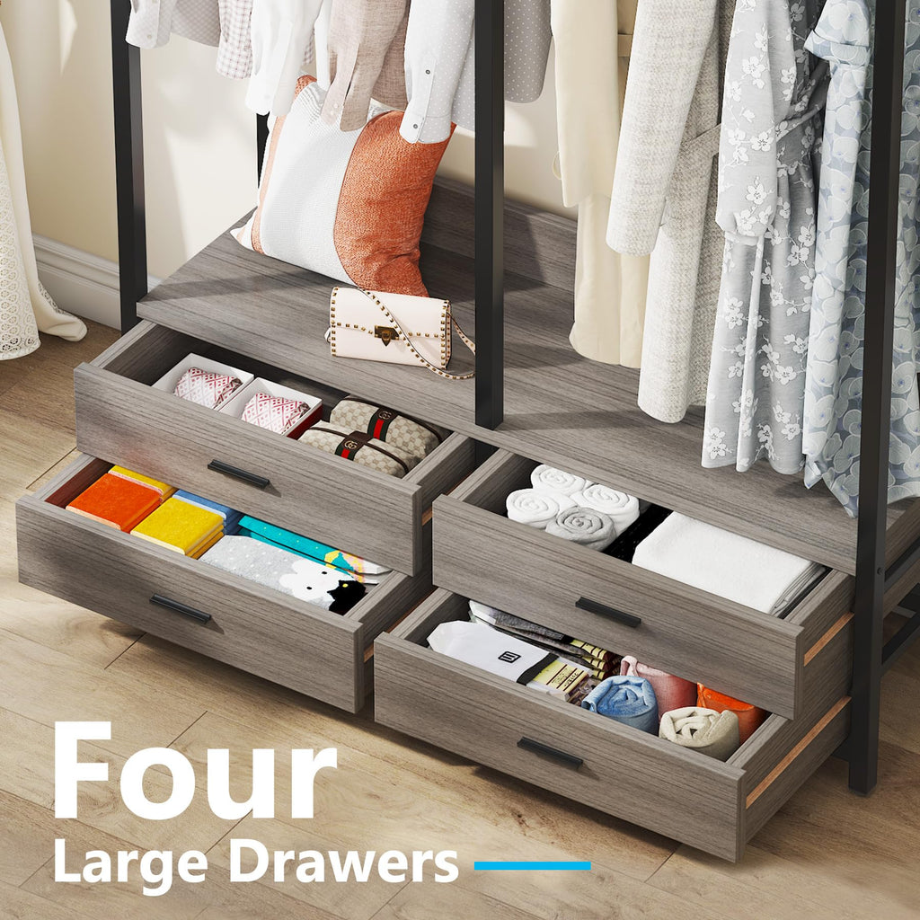 Freestanding Closet Organizer, Garment Rack with 4 Drawers, Gray